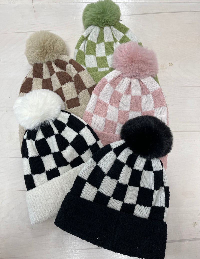 Checkered Pom Pom Beanie