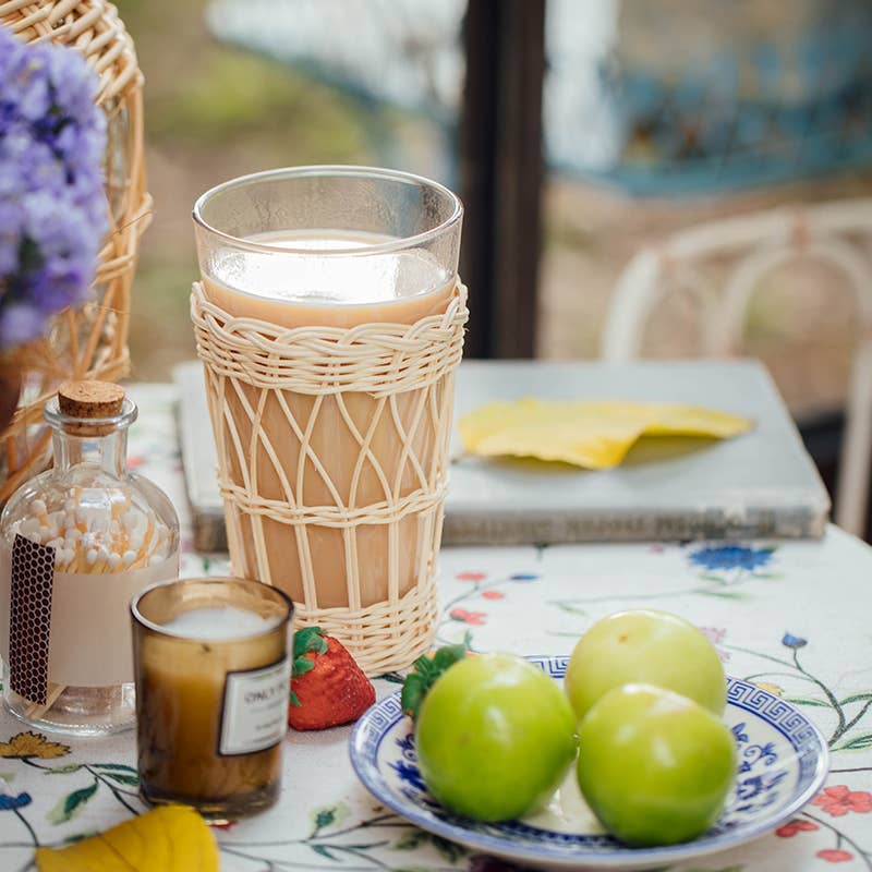 Water Glass with Hand Braided Straw Glass Cover