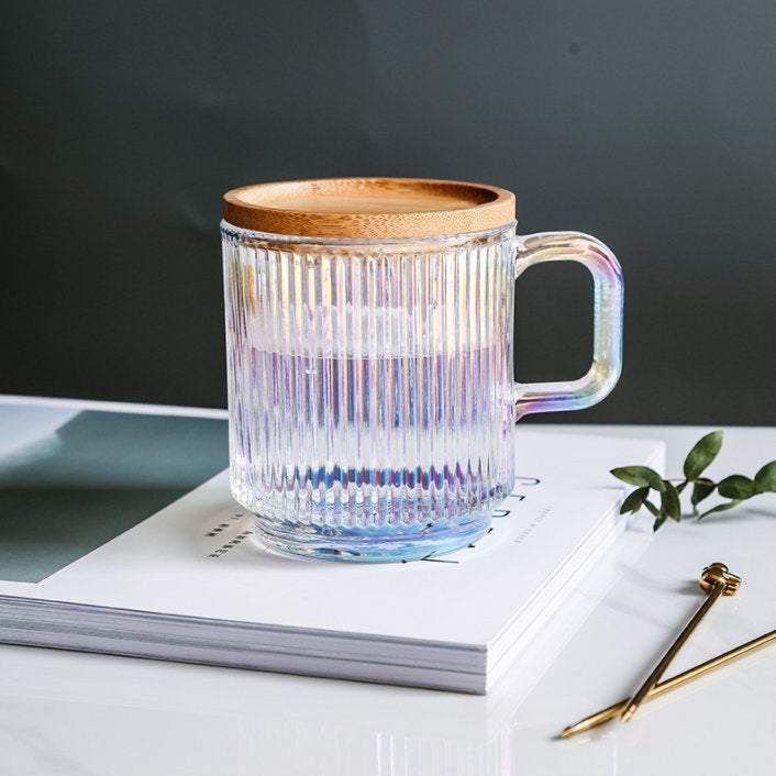 Iridescent Water Glass/Mug with Bamboo Lid