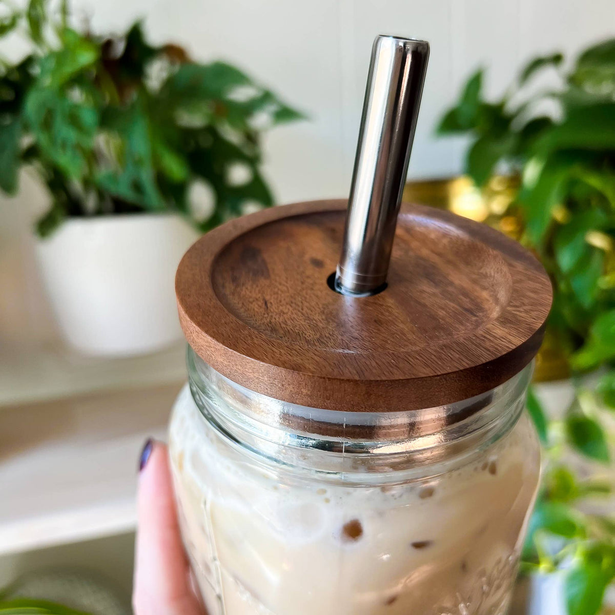 Wide Mouth Acacia Lid | Mason Jar Lid with Straw Hole